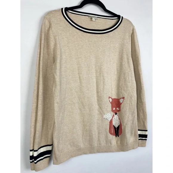 Talbots Womens 100% Cotton Fox Novelty Sweater L Tan Preppy Twee Crewneck - Picture 2 of 8